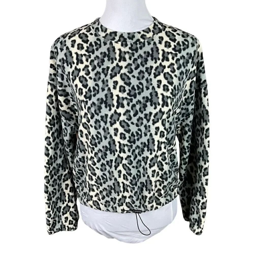 Abound Top Crew Neck Leopard Black Grey Cream Long Sleeve Drawstring Waist XS